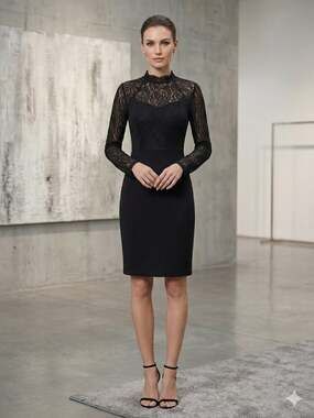 Belle Sky Black Sheath Dress with Lace Raglan Long Sleeves